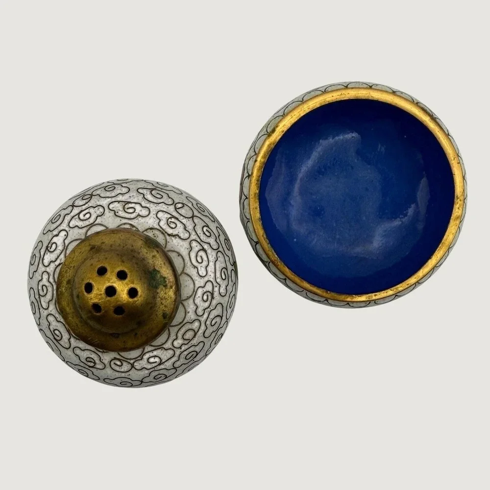 Vintage Chinese Cloisonne Enamel Salt Cellar Pepper Shaker Set Floral Gold